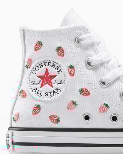 Chuck Taylor All Star EVA Lift Platform Embroidered Strawberries White/Soft Red/Watermelon Pink, Detail Angle View