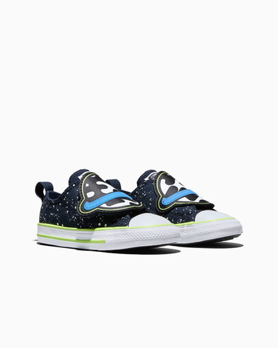 Chuck Taylor All Star One Strap Easy-On Planets Obsidian/Neon Mantis/White, Top and Side View