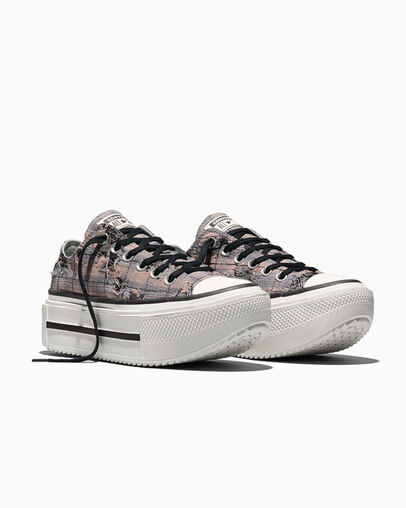 Chuck Taylor All Star Lift Double Stack Distressed Plaid and Lace Pavemint/Vintage White/Black, Top and Side View