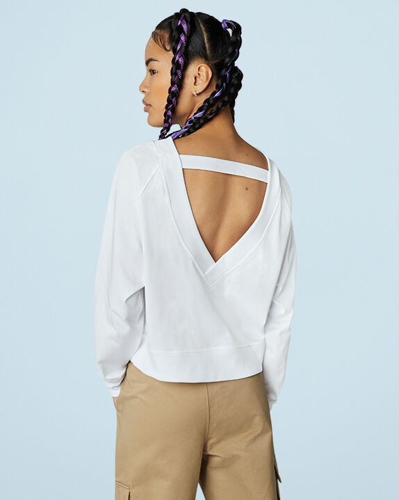 Converse Knit Open Back Crew Neck Sweatshirt (White Size M) Womens Tshirts