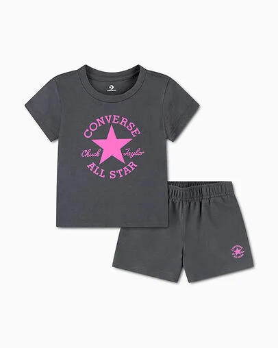 Chuck Taylor Patch T-Shirt and Shorts Set Dark Matter Grey/Shocking Orchid Pink, Front View