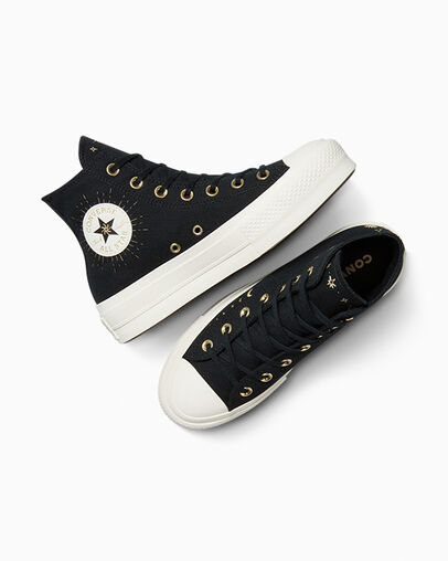 Chuck Taylor All Star Lift Platform Cosmic Embroidery Black/Egret/Gold, Angled View