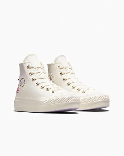 Chuck Taylor All Star Lift Platform Shine Pop Egret/Light Gold/Vapor Violet, Top and Side View