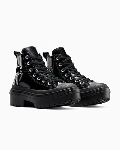Chuck Taylor All Star Lugged Heel Platform Patent Leather Black/Black/Black, Top and Side View