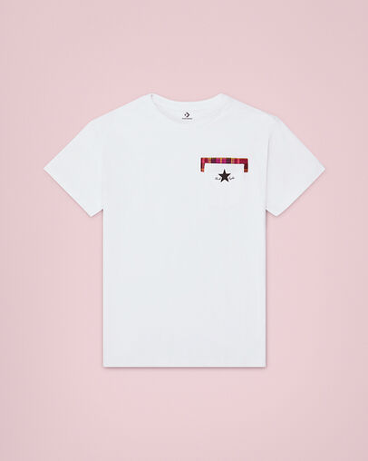 Plaid Pocket Relaxed Crew Neck Short Sleeve T-Shirt White, Front View