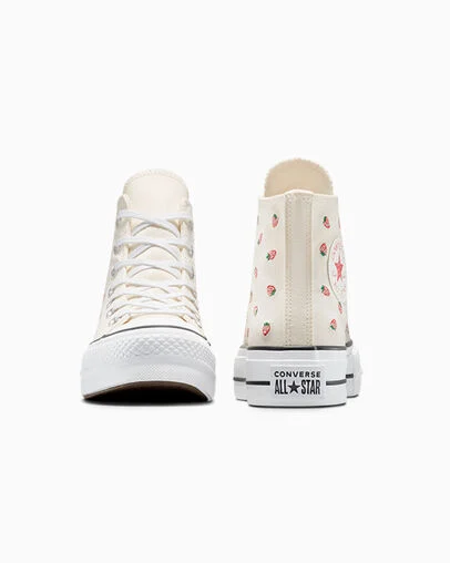 Chuck Taylor All Star Lift Platform Embroidered Strawberries Egret/Soft Red/White, Heel View