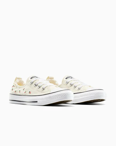 Chuck Taylor All Star Shoreline Embroidered Strawberries Slip On Egret/Soft Red/Green, Top and Side View