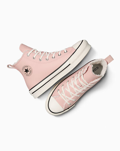 Chuck Taylor All Star Lift Platform Leather & Sherpa Pink Sage/Vintage White/Black, Angled View