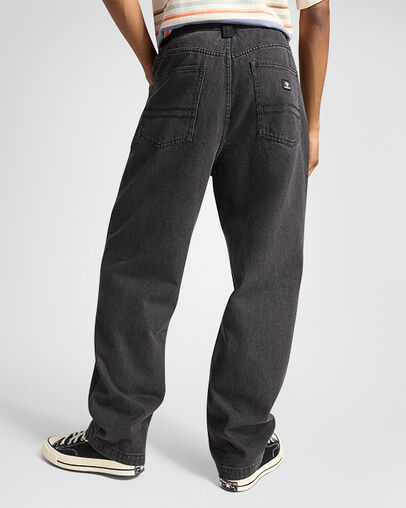 Open Hem Baggy Denim Pants Washed Black, Full Body View