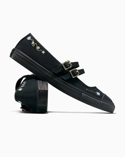 Chuck Taylor All Star Dainty Mary Jane Floral Embroidery Black/Black/Gold, Detail Angle View