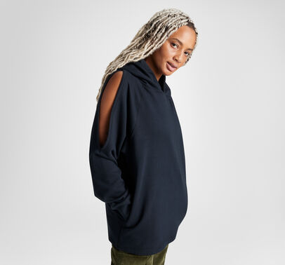 Loose-Fit Shoulder Cut-Out Fleece Hoodie