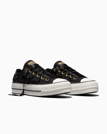 Chuck Taylor All Star Lift Platform Ribbon Black/Metallic Light Gold, Top and Side View