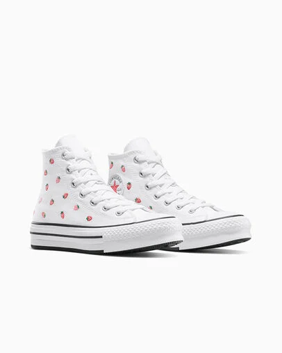 Chuck Taylor All Star EVA Lift Platform Embroidered Strawberries White/Soft Red/Watermelon Pink, Top and Side View