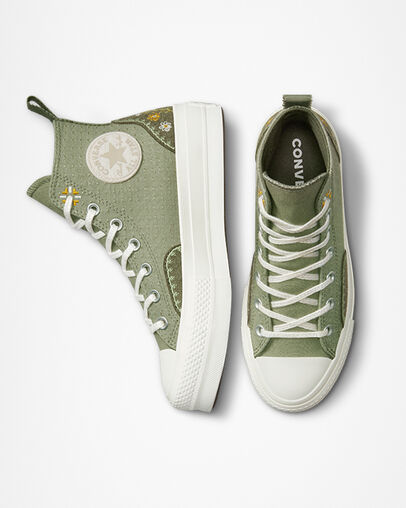 Chuck Taylor All Star Lift Platform Autumn Embroidery Light Field Surplus/Utility, Top and Side View