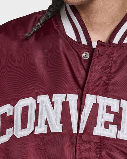 Embroidered Varsity Bomber Jacket Deep Bordeaux, Detail View