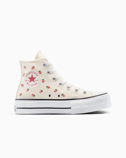 Chuck Taylor All Star Lift Platform Embroidered Strawberries Egret/Soft Red/White, Outer Side View