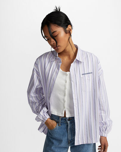 Striped Woven Button-Up Shirt Vapor Violet, Front View