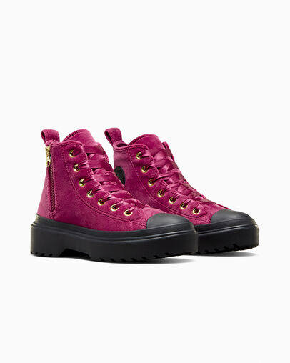 Chuck Taylor All Star Lugged Lift Platform Velvet Legend Berry/Black/Black, Top and Side View