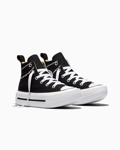 Chuck Taylor All Star Lift Platform Embroidered Polka Dots Black/Lt. Shocking Orchid Pink/White, Top and Side View