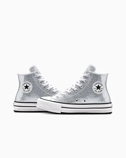 Chuck Taylor All Star Lift Platform Disco Glitter Silver/White/Barely Grey, Detail Angle View