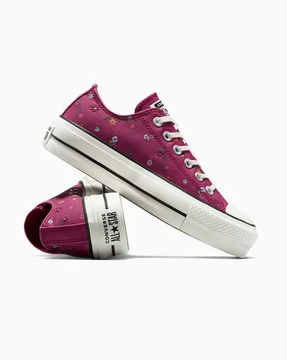 Chuck Taylor All Star Lift Platform Embroidered Floral Patchwork Sporty Berry/Vintage White, Detail Angle View
