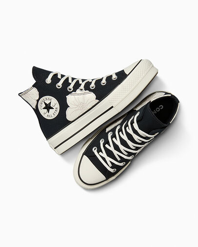 Chuck Taylor All Star Lift Platform Embroidered Satin Flowers Black/Egret/Light Dune, Angled View