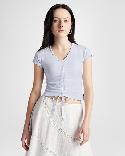 Drawstring Ruched Short Sleeve Top Blueberry Ice, Front View