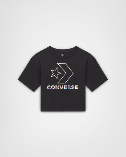 Star Chevron Iridescent Boxy Crew Neck Short Sleeve Black, Front View
