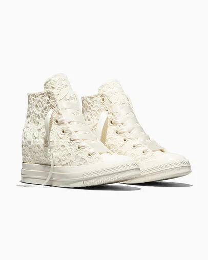 Chuck 70 Wedge Platform Crocheted Satin Egret/Egret/Black, Top and Side View