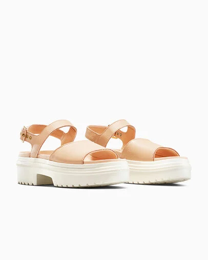 Converse Chuck Taylor All Star Lugged Heel Sandal Leather Coastal Dune/Egret/Light Gold, Top and Side View