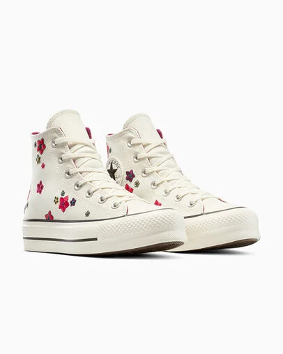 Chuck Taylor All Star Lift Platform Embroidered Flowers Egret/Red/Frozen Acai, Top and Side View
