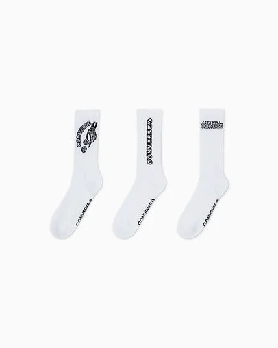 3-Pack Let's Roll Graphic Crew Socks White, Front View