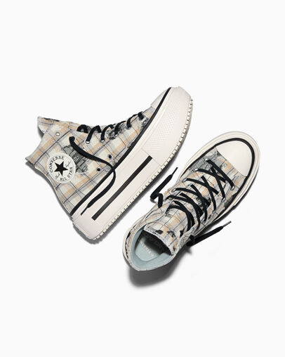 Chuck Taylor All Star Lift Double Stack Plaid & Lace Pavemint/Egret/Black, Angled View