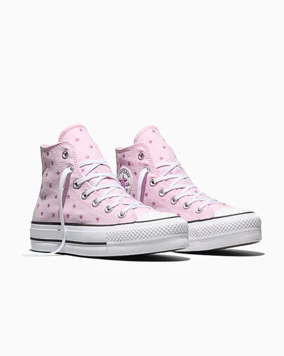Chuck Taylor All Star Lift Platform Embroidered Stars New Found Bloom Pink/Lt Shocking Orchid Pink/White, Top and Side View
