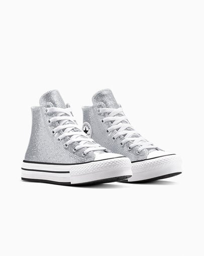 Chuck Taylor All Star Lift Platform Disco Glitter Silver/White/Barely Grey, Top and Side View