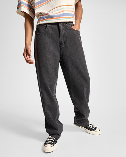 Open Hem Baggy Denim Pants Washed Black, Front View