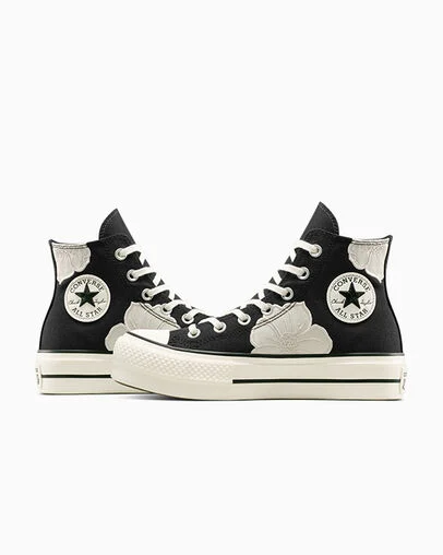 Chuck Taylor All Star Lift Platform Embroidered Satin Flowers Black/Egret/Light Dune, Detail Angle View