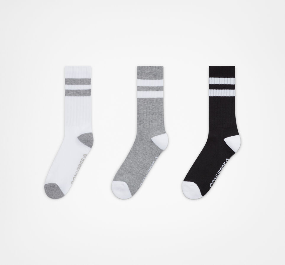 3-Pack Classic Double Stripe Crew Socks White/Grey/Black