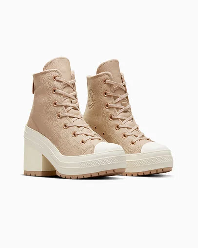 Chuck 70 De Luxe Heel Platform Weatherized Leather Warm Quarry/Warm Quarry/Egret, Top and Side View