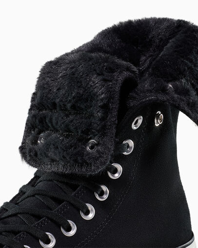Chuck Taylor All Star Fold-Over Lift Platform XHi Faux Fur Black/Black/Egret, Detail Angle View