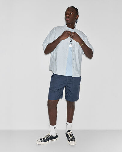 Script Chevron Short-Sleeve Oxford Shirt Crispy Cobalt Multi, Full Body View