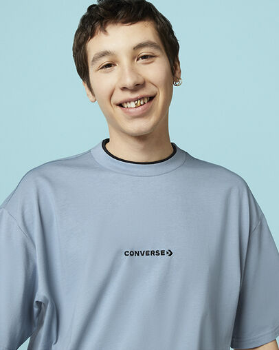 Wordmark Ribbed Neck Tee Blue Slate, Detail View