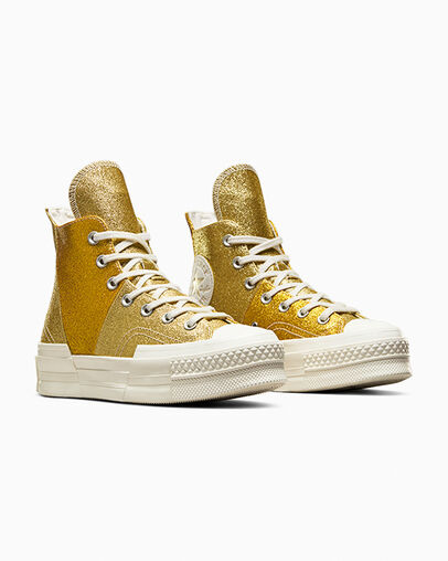 Chuck 70 Plus Glitter Vintage White/Dark Gold, Top and Side View