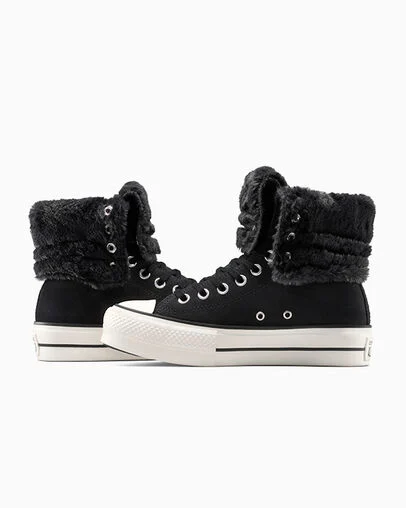 Chuck Taylor All Star Fold-Over Lift Platform XHi Faux Fur Black/Black/Egret, Detail Angle View