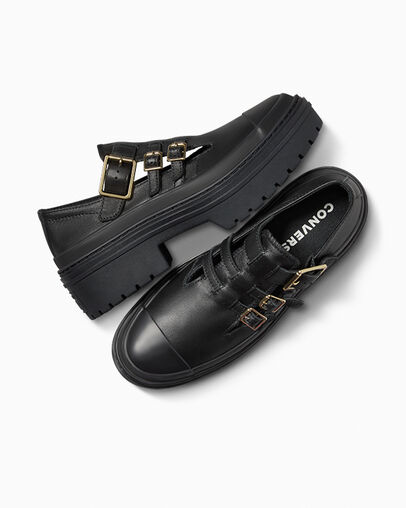 Chuck Taylor All Star Lugged Heel Mary Jane Platform Black/Black/Gold, Angled View