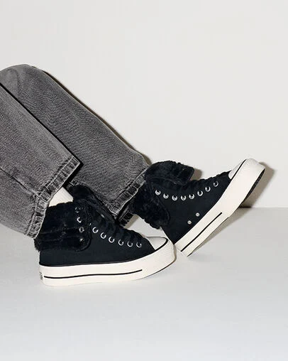 Chuck Taylor All Star Fold-Over Lift Platform XHi Faux Fur Black/Black/Egret, On Foot Shot 2