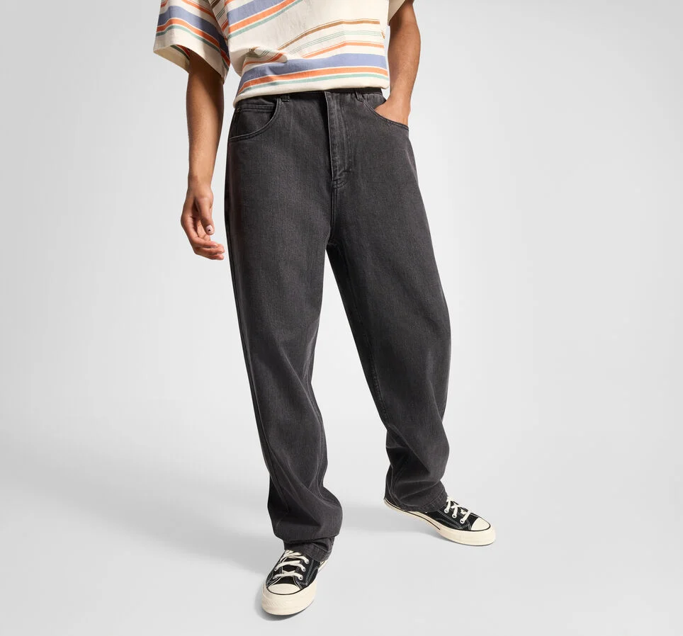 Open Hem Baggy Denim Pants Washed Black