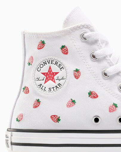 Chuck Taylor All Star EVA Lift Platform Embroidered Strawberries White/Soft Red/Watermelon Pink, Detail Angle View