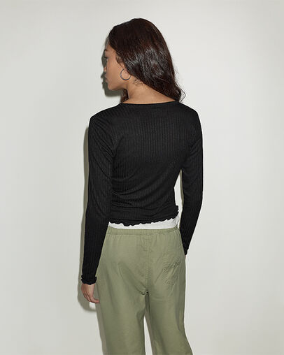 Pointelle Henley Long-Sleeve T-Shirt Converse Black, Full Body View
