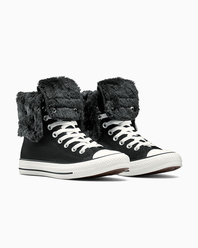 Chuck Taylor All Star Fold Over XHi Faux Fur Black/Black/Egret, Top and Side View